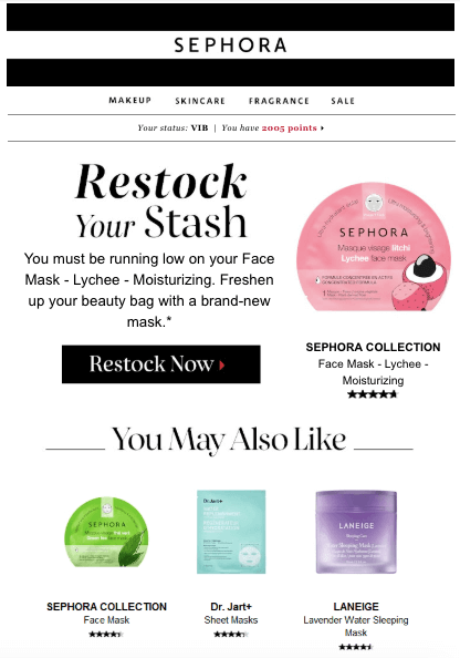 example of email personalization by Sephora