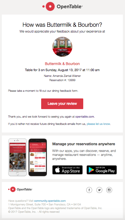 example of email personalization by OpenTable