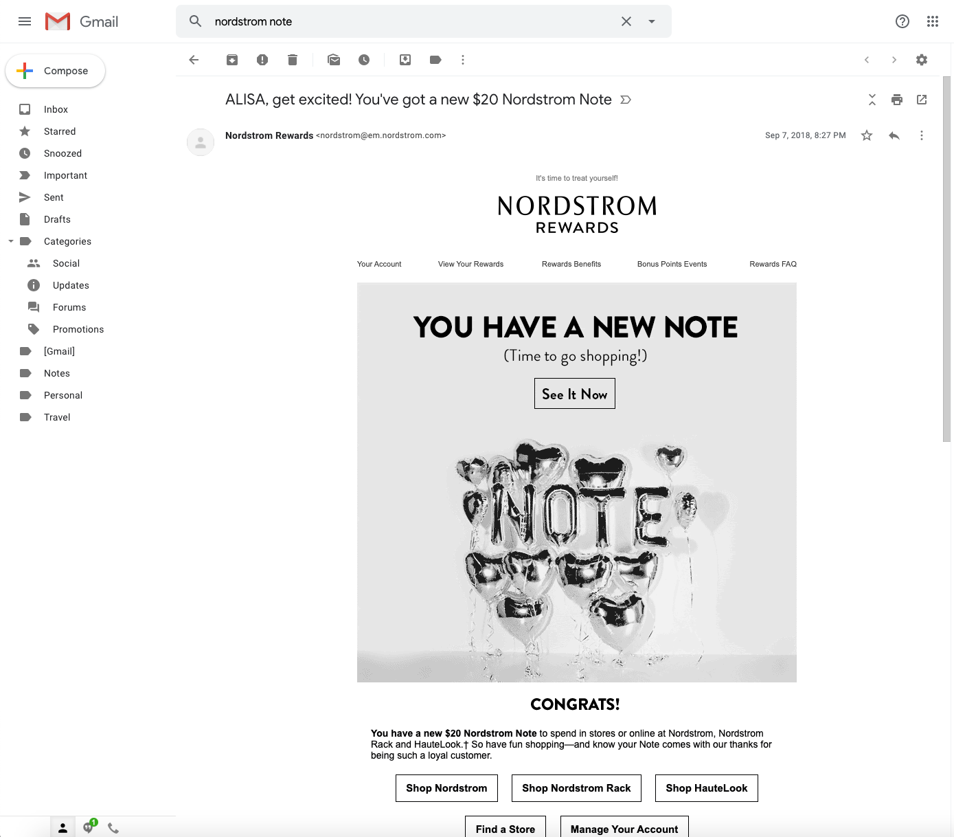 example of email personalization by Nordstrom