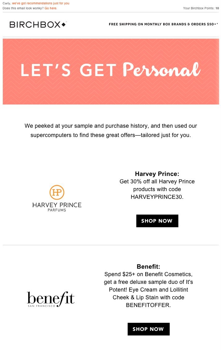 example of email personalization by Birchbox
