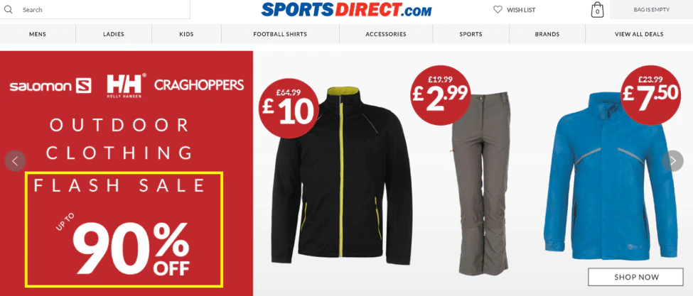 Example of hourly deals by SportsDirect.com for Black Friday