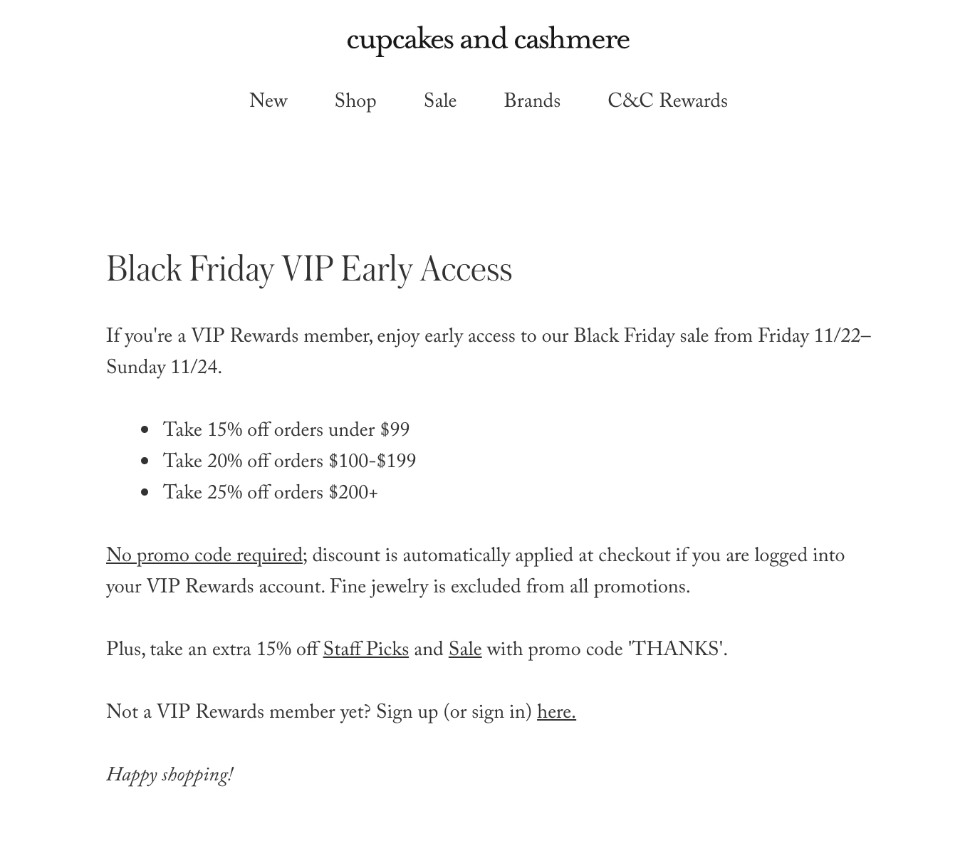 Example of VIP discounts by Cupcakes and Cashmere for Black Friday