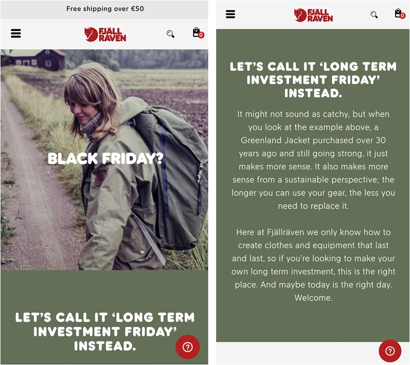 Example of showcasing brand values for Black Friday by Fjällräven