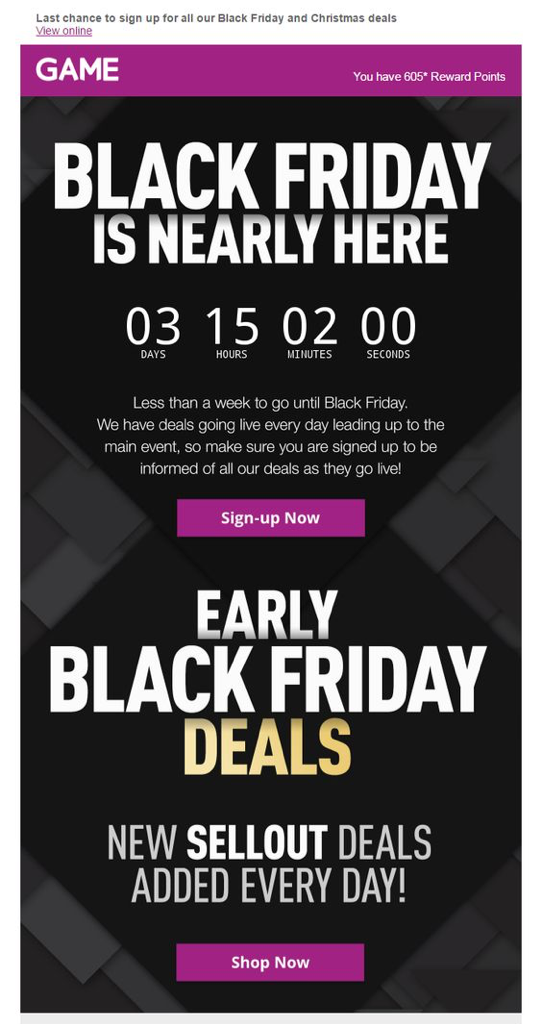 Example of countdown timer for Black Friday by Game