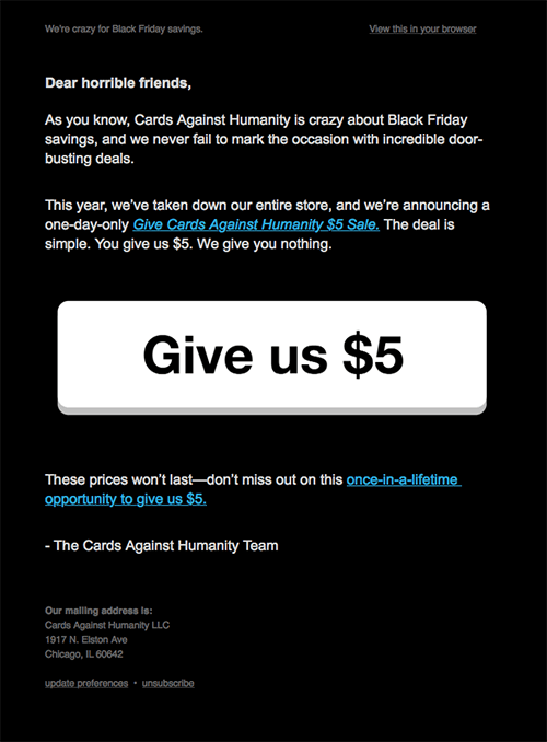 Black Friday email example from Cards Against Humanity
