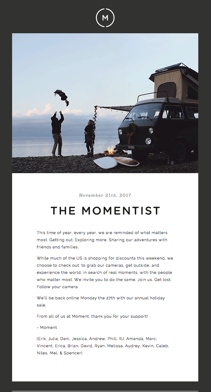 holiday marketing email example from Moment