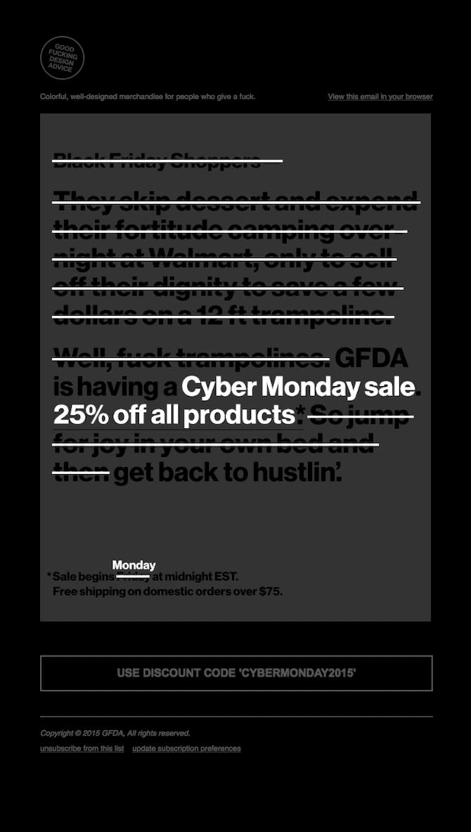 Cyber Monday email example by GFDA