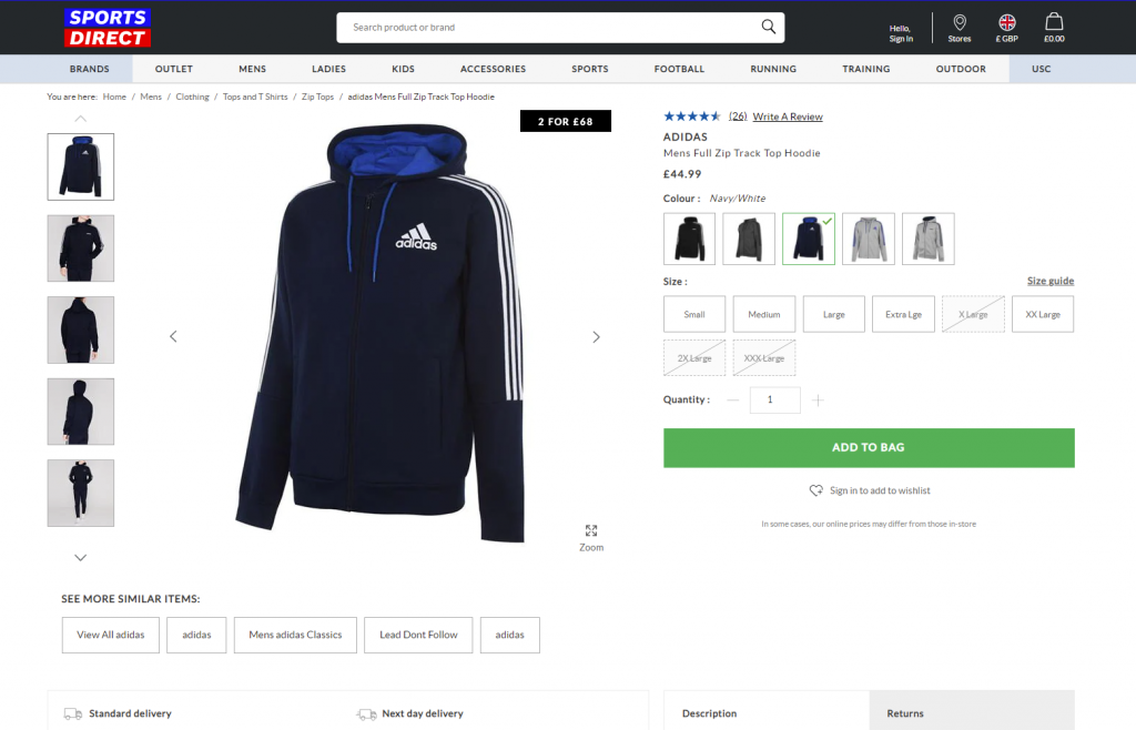 Example of optimizing product page design based on customer habits by Adidas