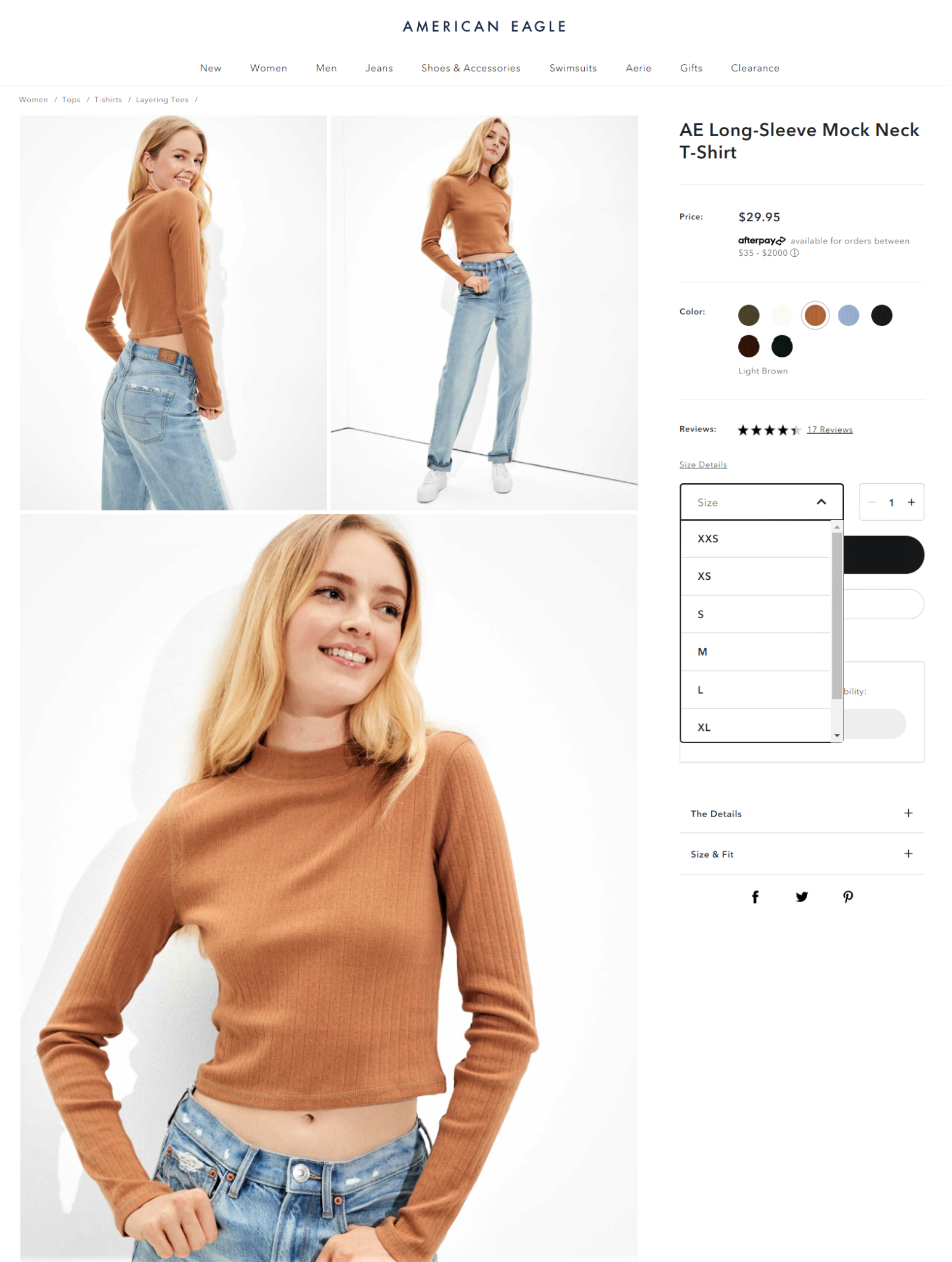 Example of color and size charts for improving product page UX by American Eagle