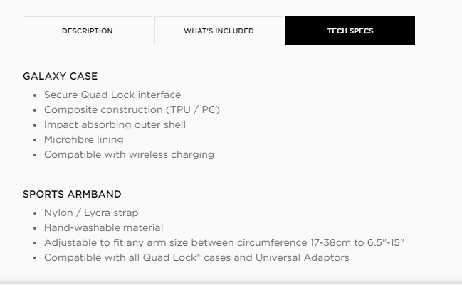 Example of clutter-free specs sheet for better product page UX