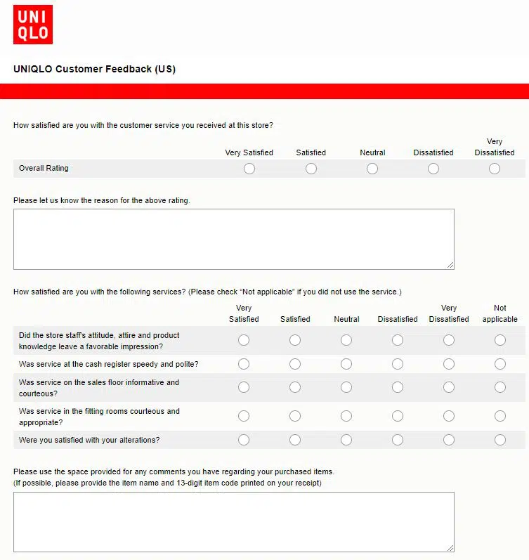 UNIQLO customer feedback form example