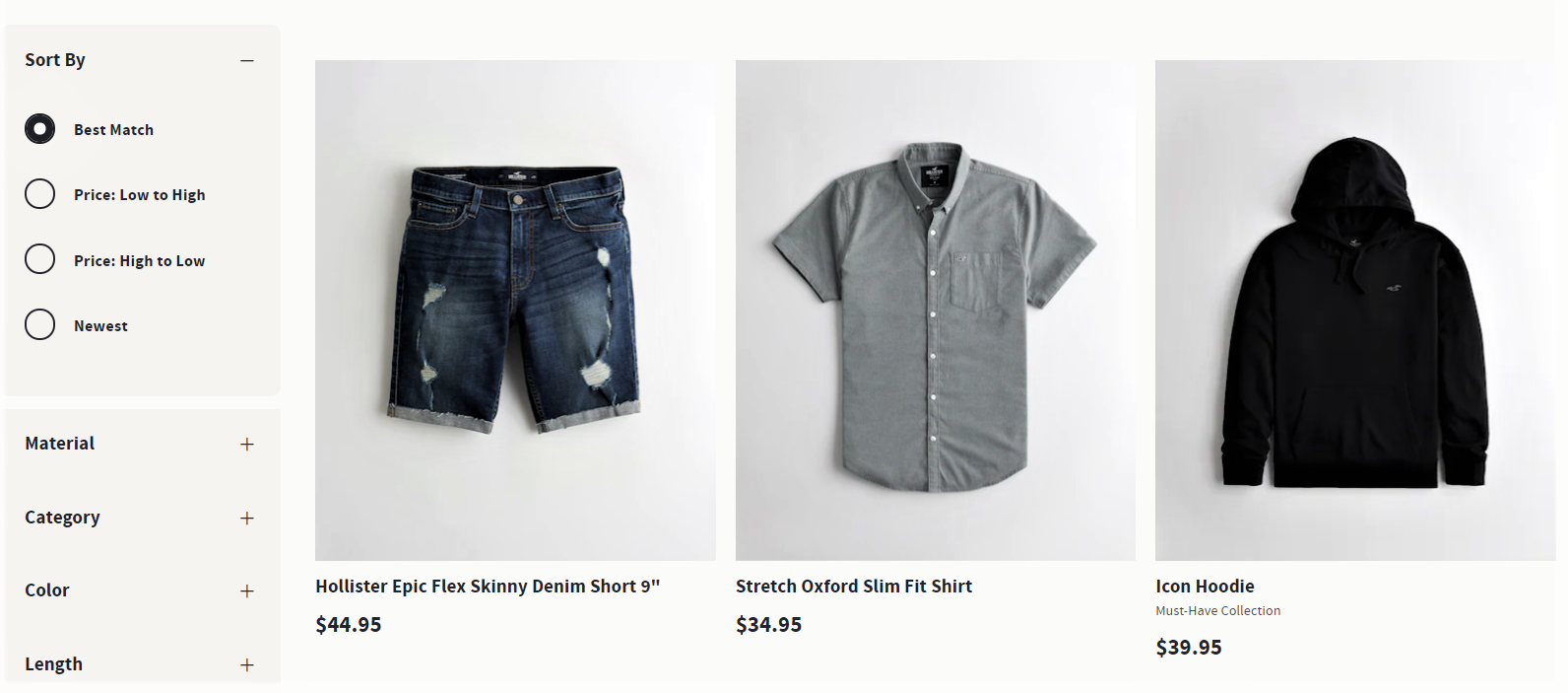 how Hollister displays products on website