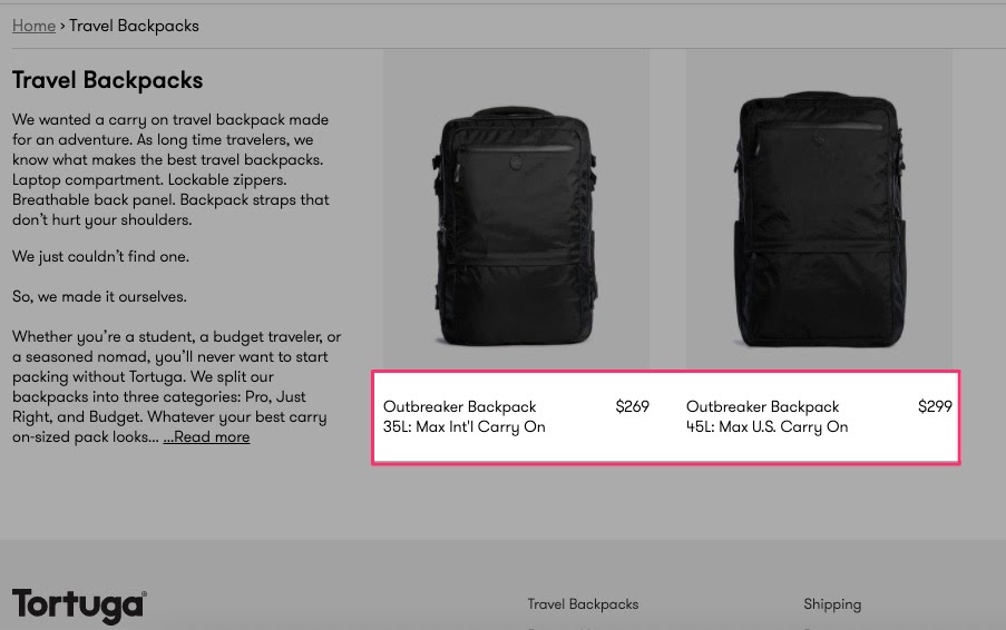 Screenshot from Tortugabackpacks.com for channel conflict
