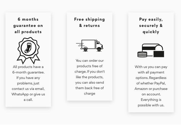Example of free shipping and returns by Snock