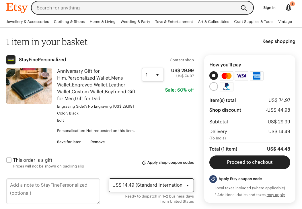 Example of checkout page by Etsy