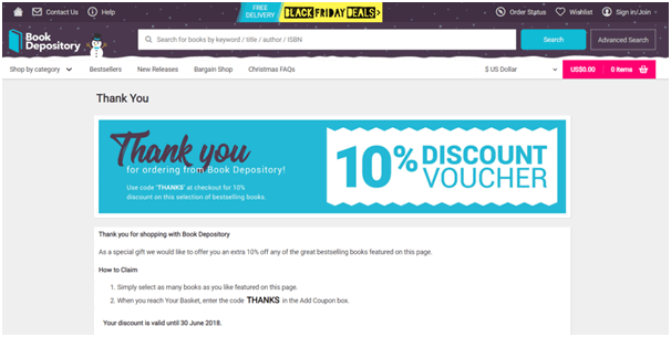 Example of rewarding returning customers on thank you page