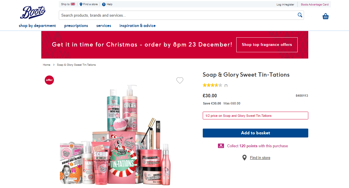 Example of Christmas bundle by Boots
