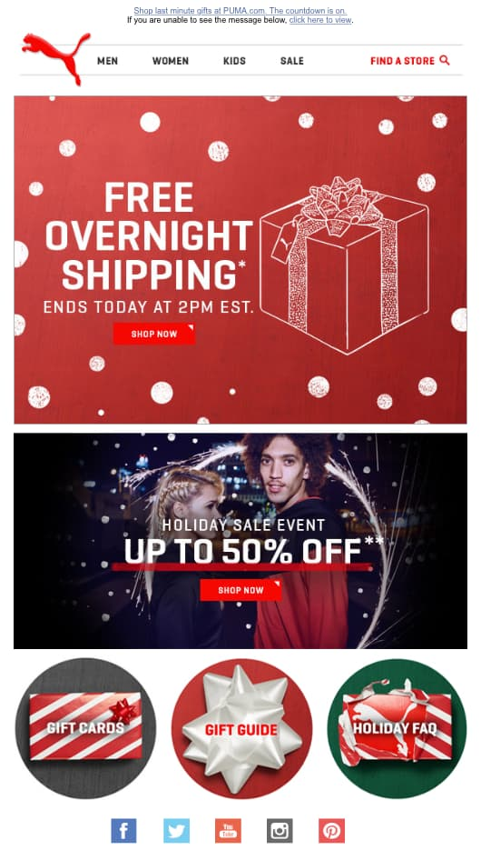 Example of free shipping for Christmas by Puma