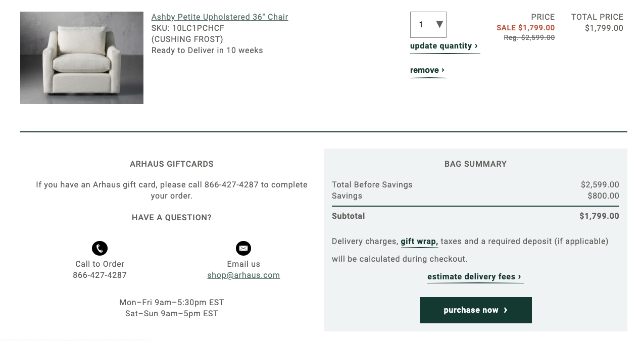 Example of pricing option on furniture website