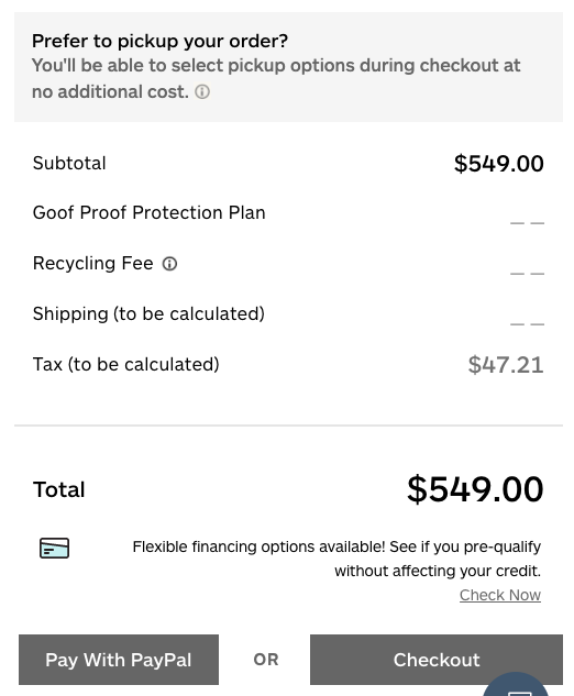 Example of payment options on furniture website