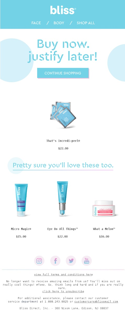 Bliss’ cart abandonment email