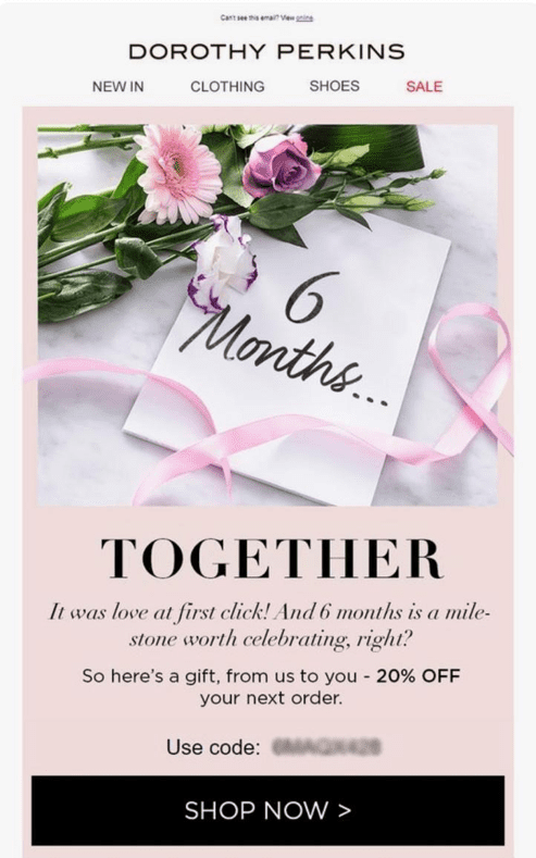 Dorothy Perkins' celebratory email