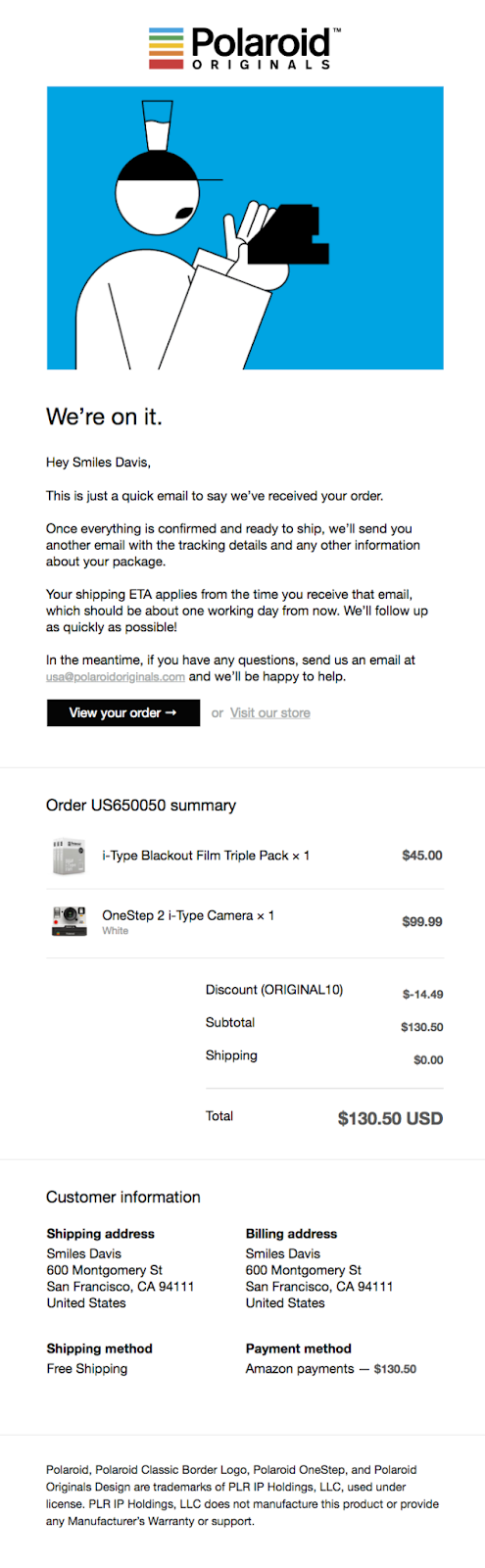 Example of lead nurturing email from Polaroid