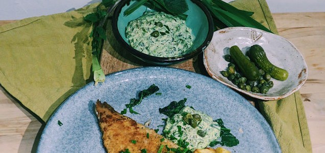 Breaded coley with three-cornered leek tartare sauce and sautéed sea radish