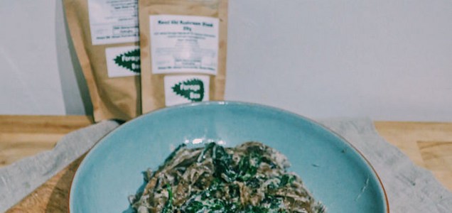Acorn fettuccine with a creamy wild mushroom and spinach sauce