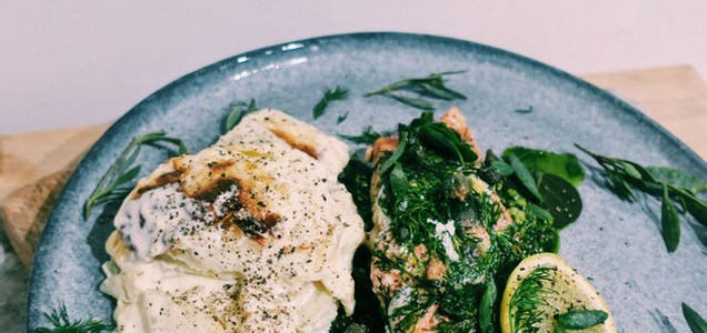 Wild salmon with foraged sea purslane, pesto and dauphinoise potatoes