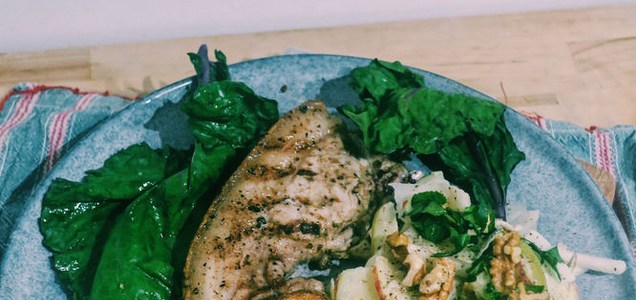 Pork chops with hogweed seed salt rub and kohlrabi, apple and elder slaw