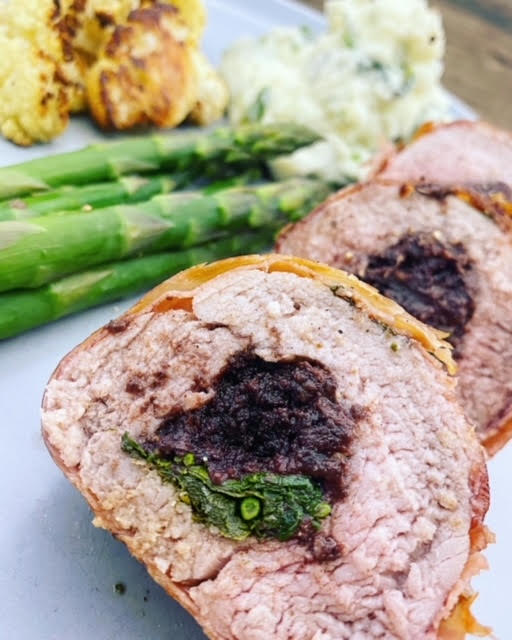 Pork Fillet Stuffed with Black Pudding, Garlic Mustard and a Cider Jus