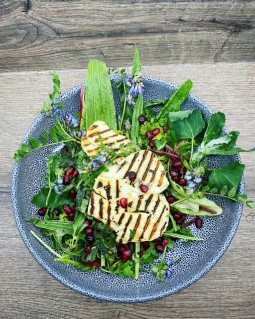 Hedgerow Salad with Griddled Halloumi and a Pomegranate Dressing