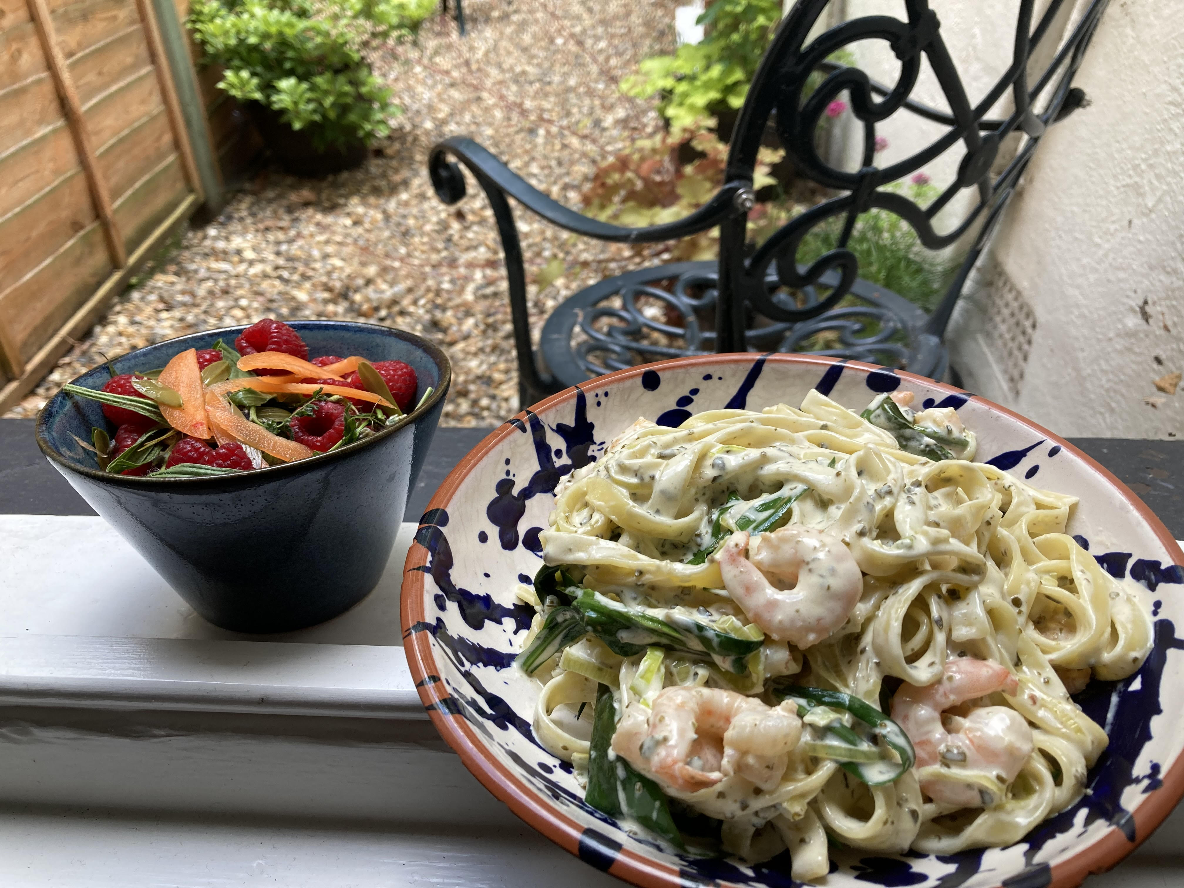 Creamy Smoked Garlic and Prawn Tagliatelle with Fresh Sea Aster and Dried Seaweed