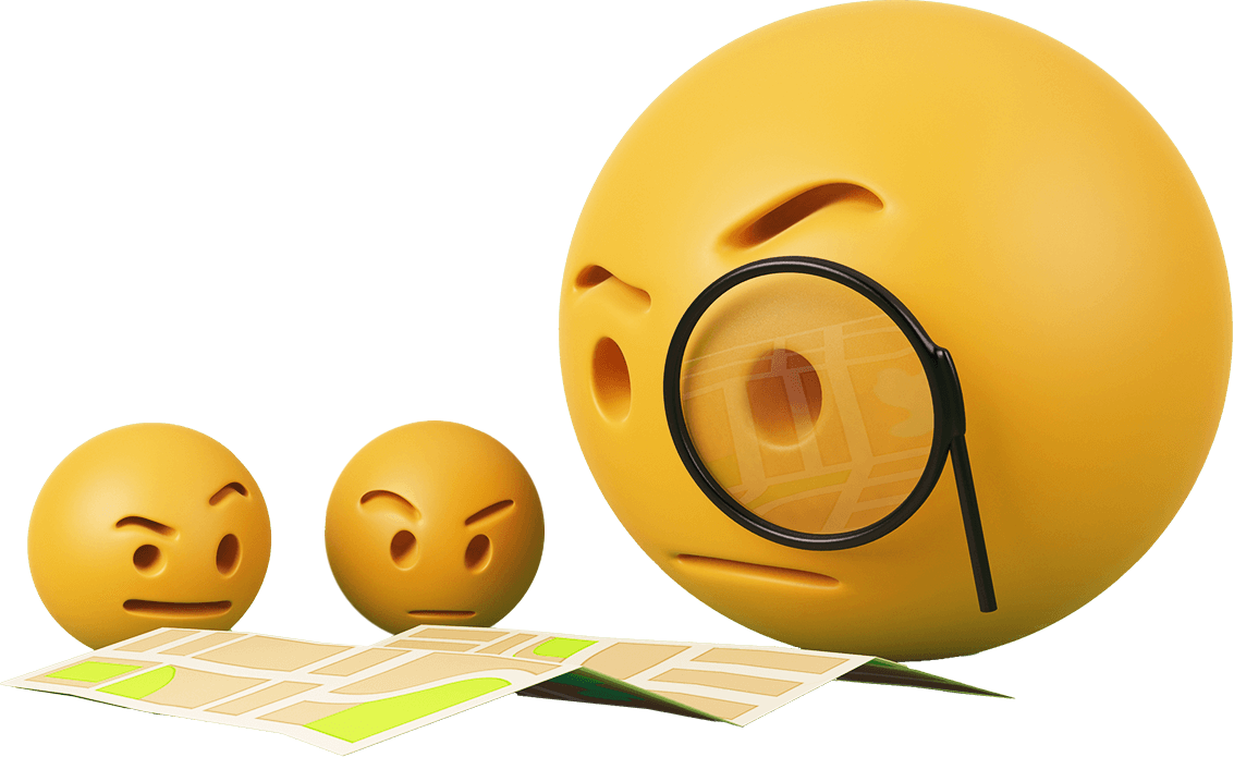 Three pensive looking 3D emojis are busy studying a map together. The largest emoji has a monocle.
