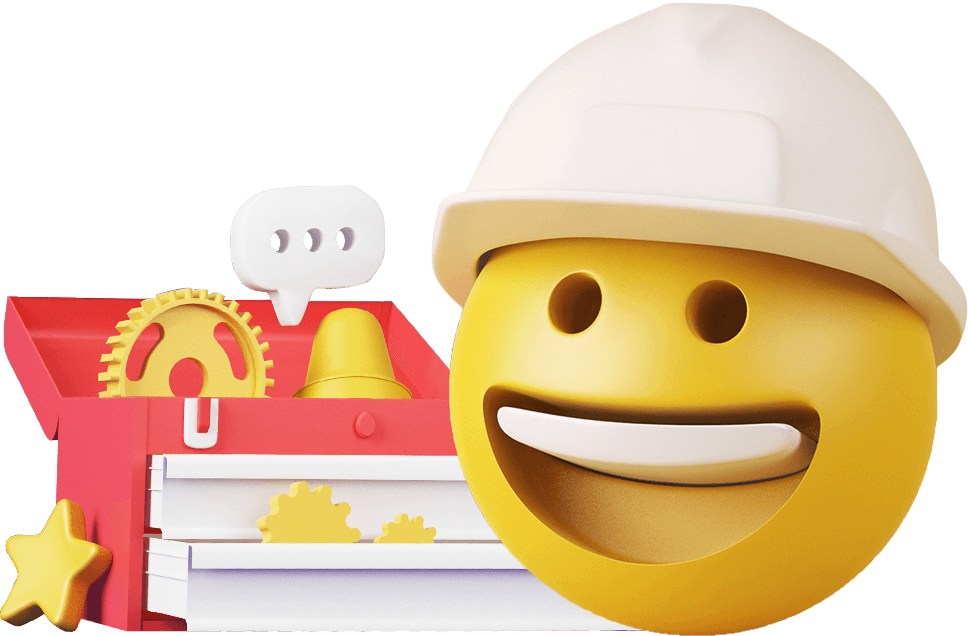 A smiling 3D emoji is shown wearing a construction hat. Behind the emoji is a toolbox filled with wheels, stars, a traffic cone, and a dialogue bubble often seen in comics.
