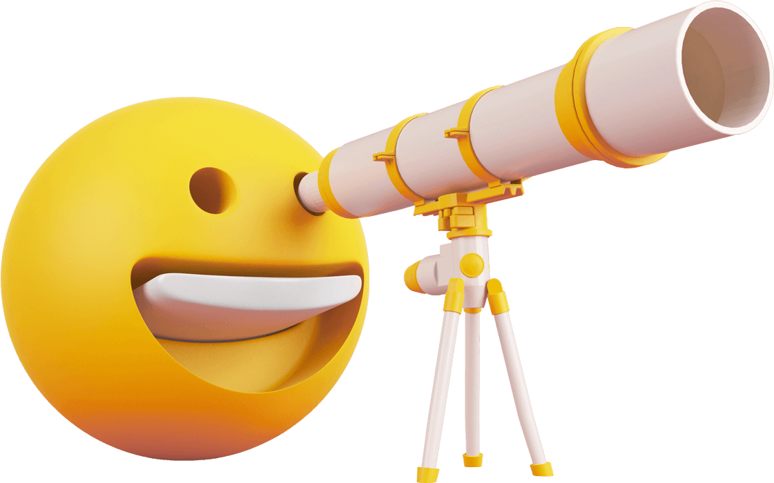 A smiling 3D emoji looking through a telescope.