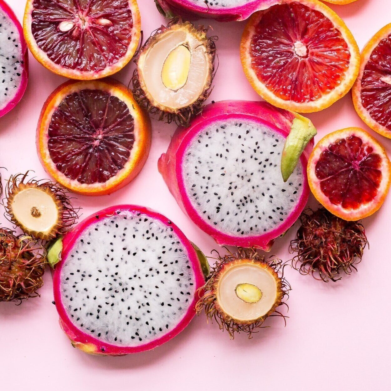 Various tropical fruits cut open for display purposes