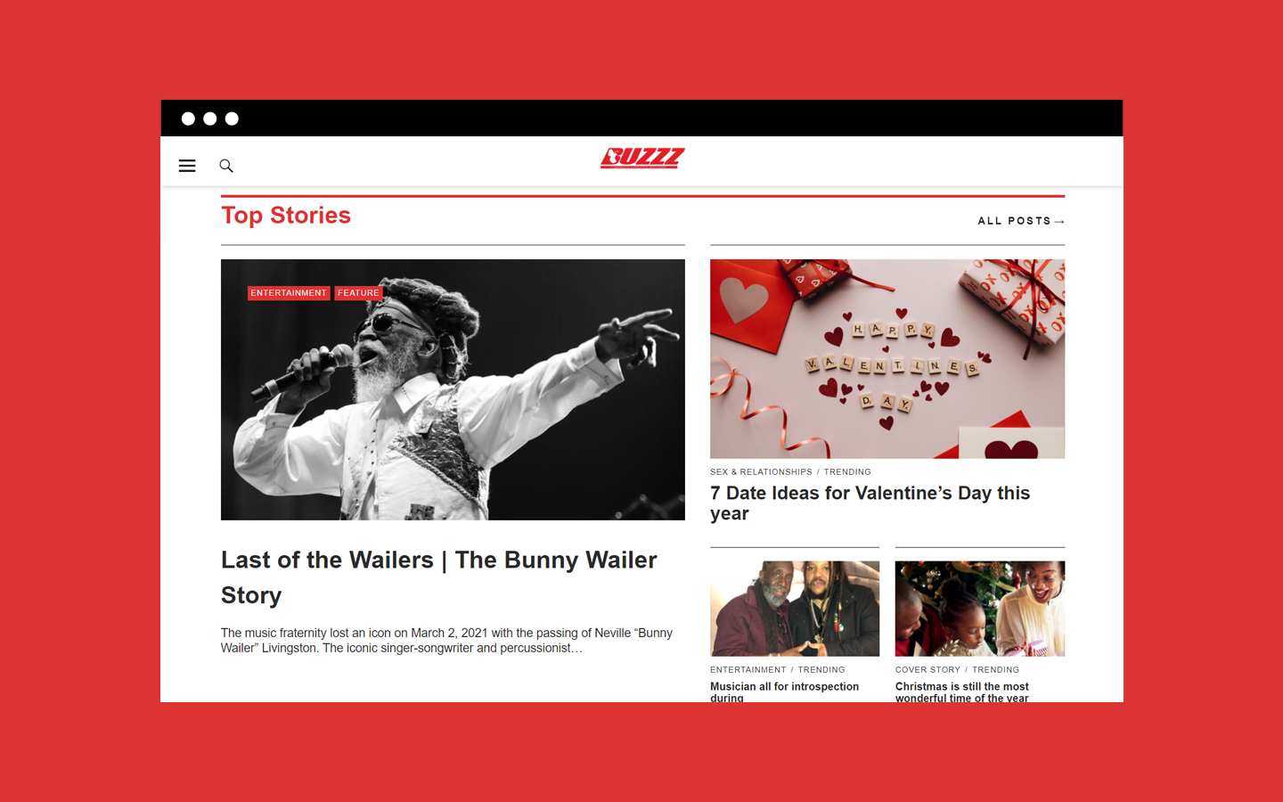Screenshot of Buzzz's homepage featuring an article about Bunny Wailer