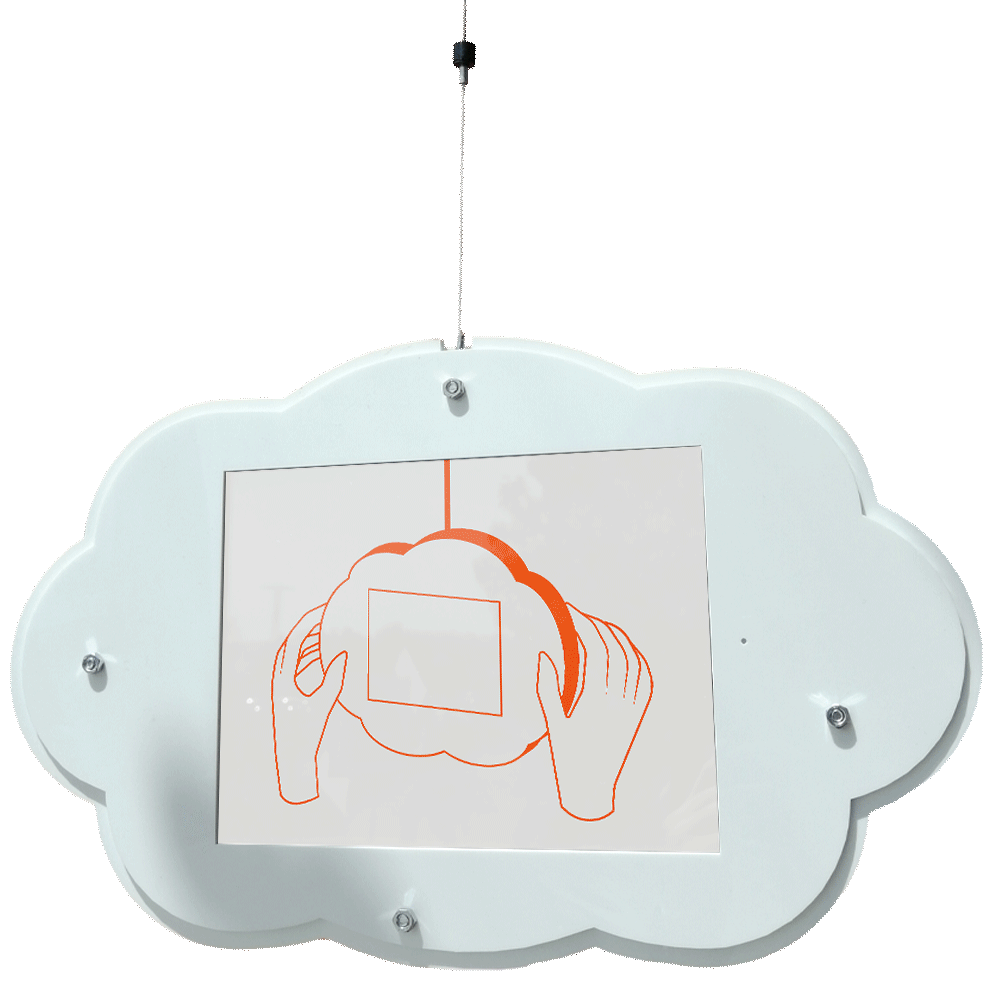 Image of a cloud-shaped device containing a display. Latter one shows animated instructions on how to use the exhibit.