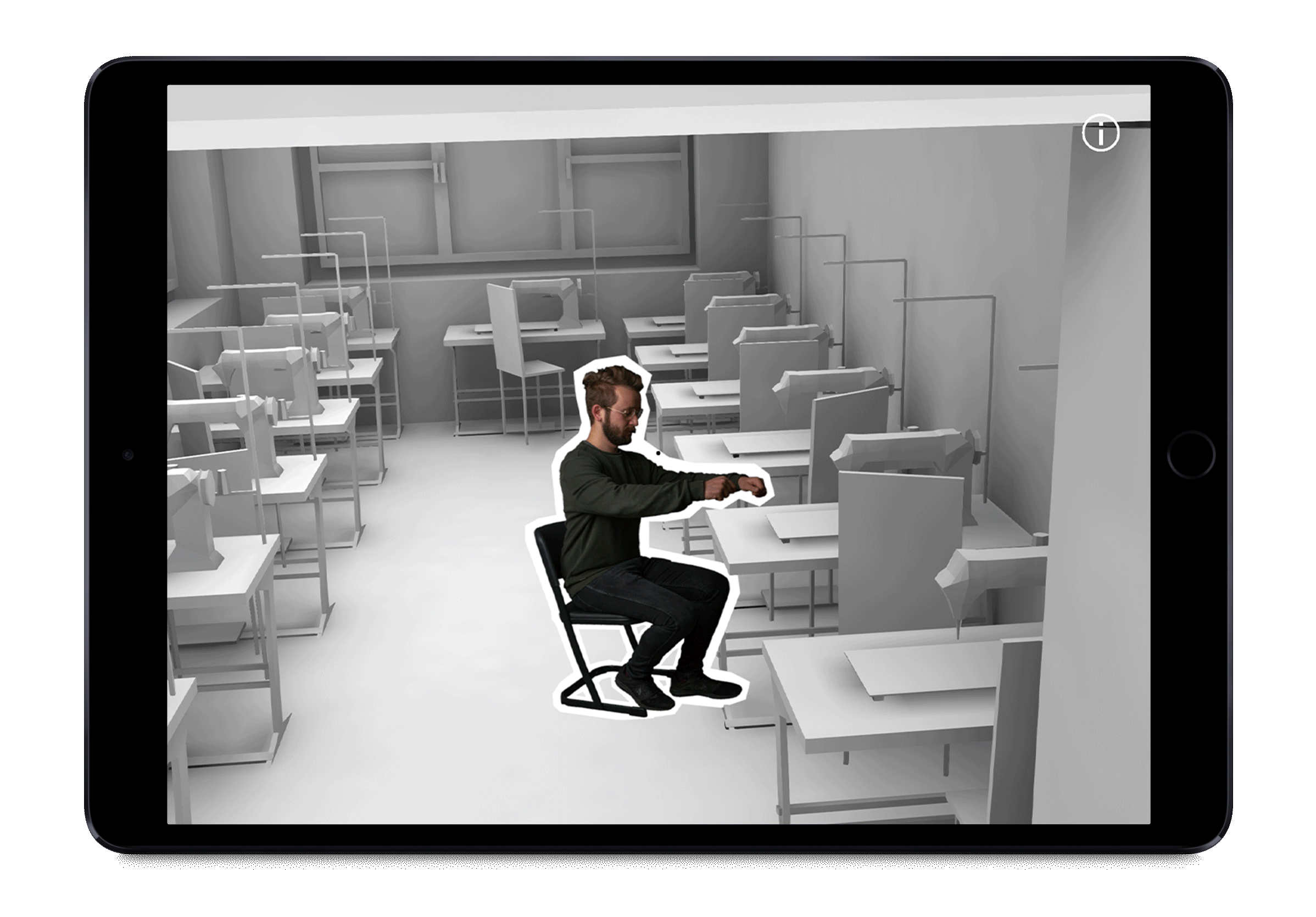 A GIF loop of an iPad showing 3D models of different rooms of Campus Münchberg. Isolated images of students working in the rooms are placed in the 3D models.