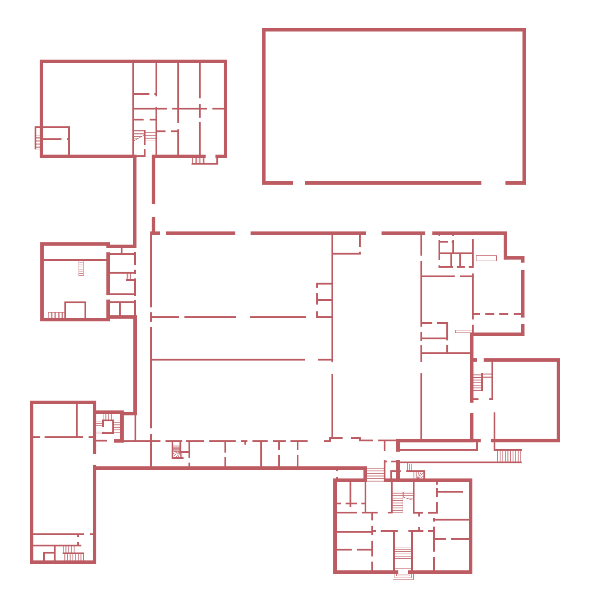 A stylized map of the Campus Münchberg consisting of straight lines marking the walls.