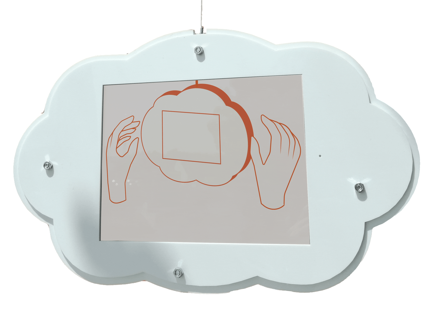 Image of a cloud-shaped device containing a display. Latter one shows animated instructions on how to use the exhibit.