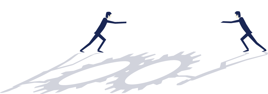 2 persons pushing interlocking gears