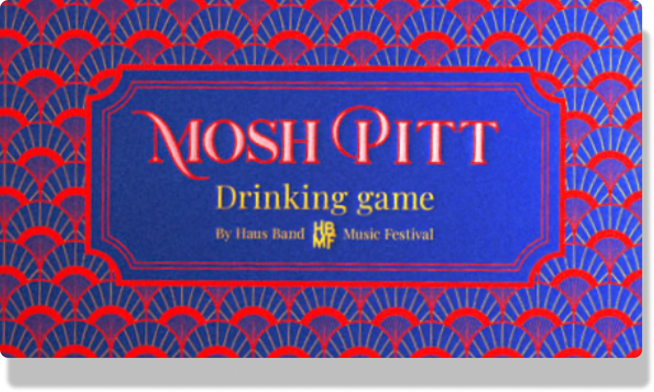 Mosh Pitt Drinking in a blue box with art deco details
