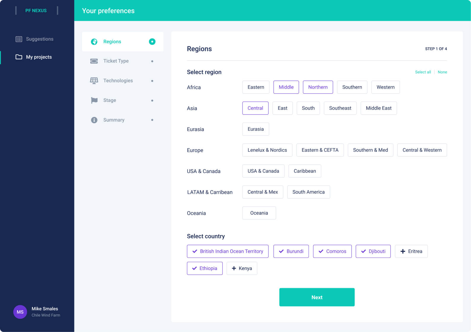 PF Nexus capital preference regions screen