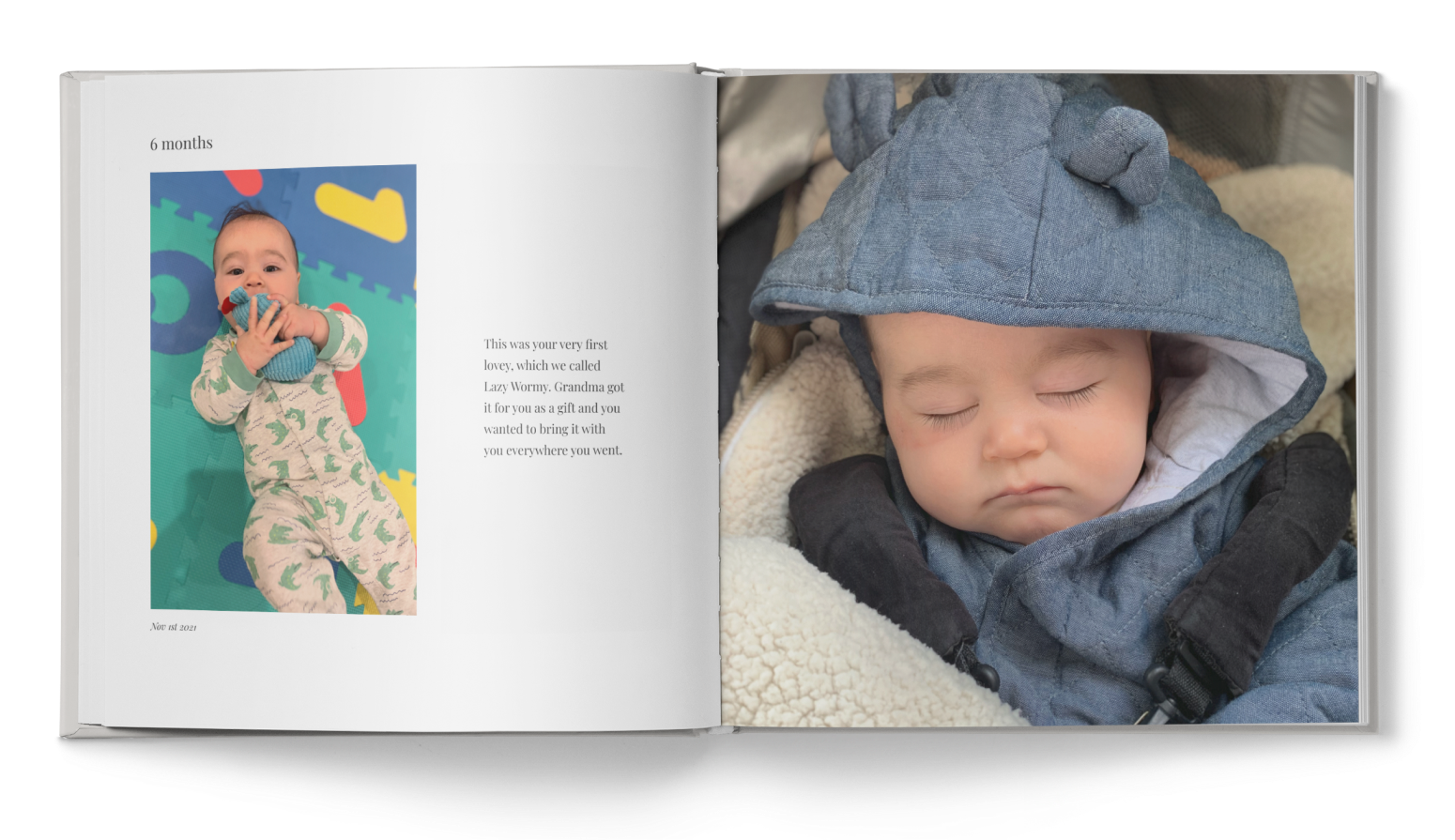 Book spread in inside pages of baby at 6 months old