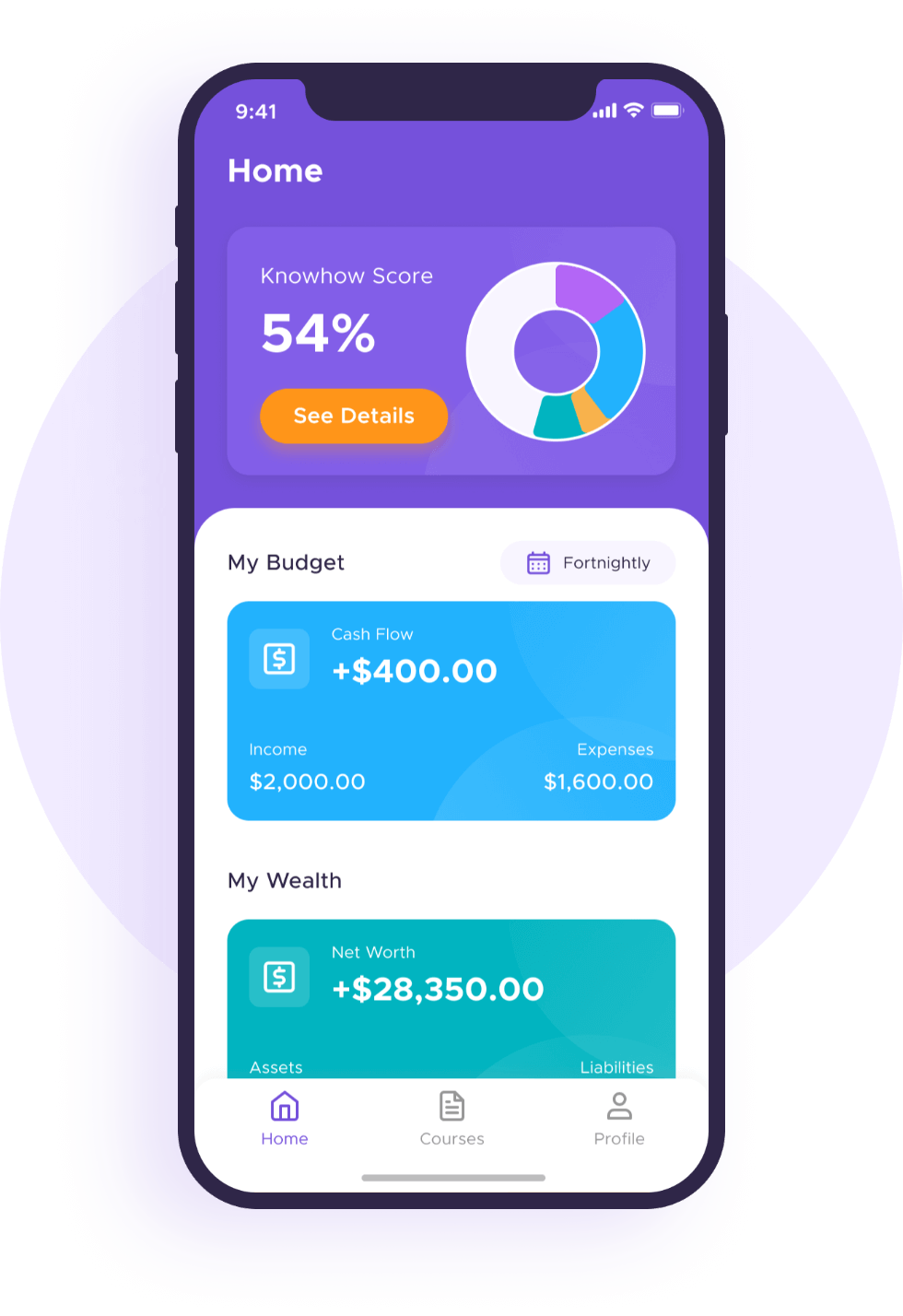 The app home screen showing a user's budget and wealth summaries.
