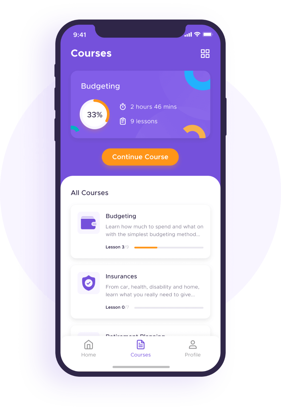 An app screen showing the courses section of the app with the budgeting and insurances courses visible.