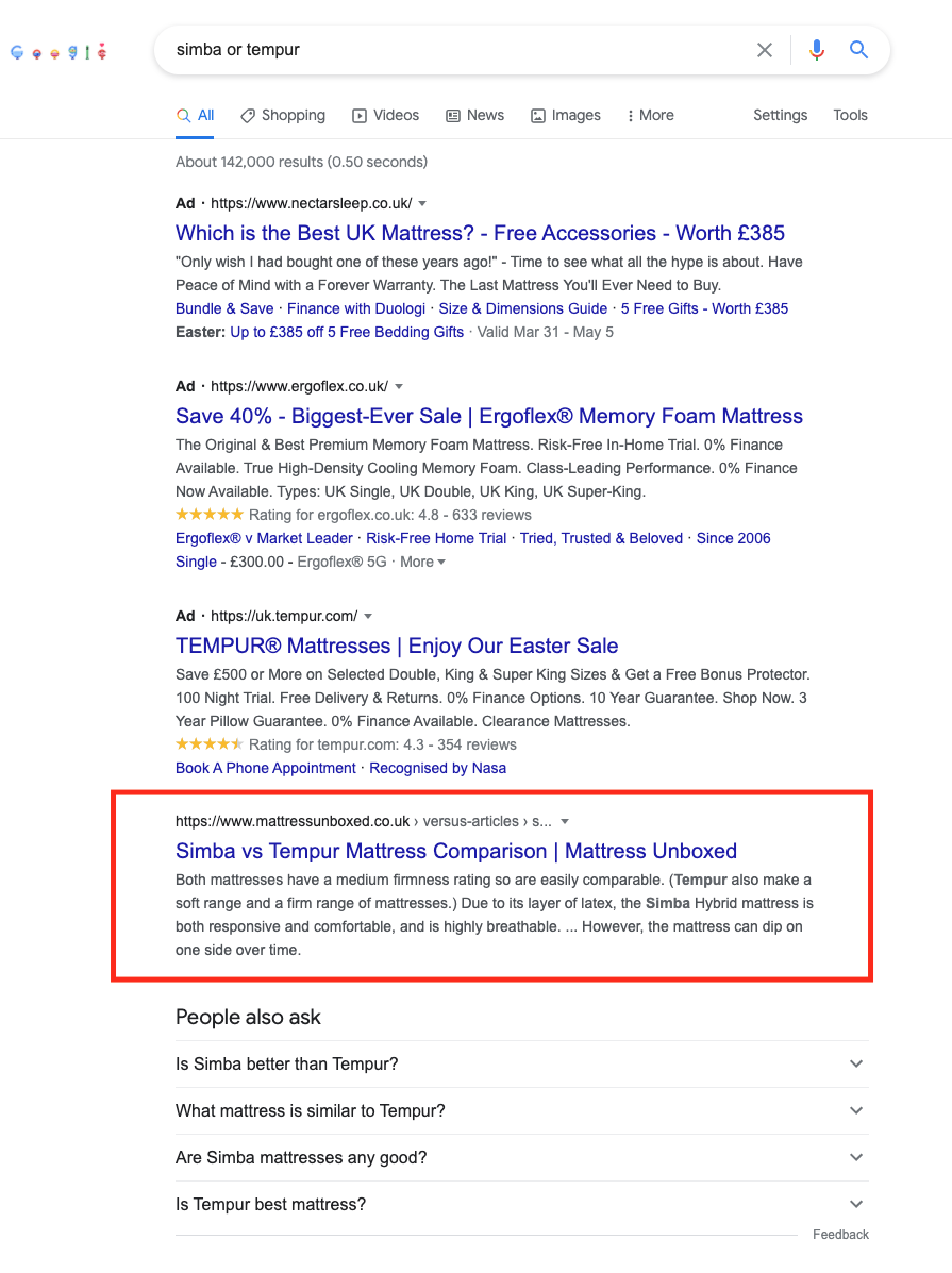 Google search results highlighting www.mattressunboxed.co.uk as position 1 in Google for the search term Simba or Tempur.